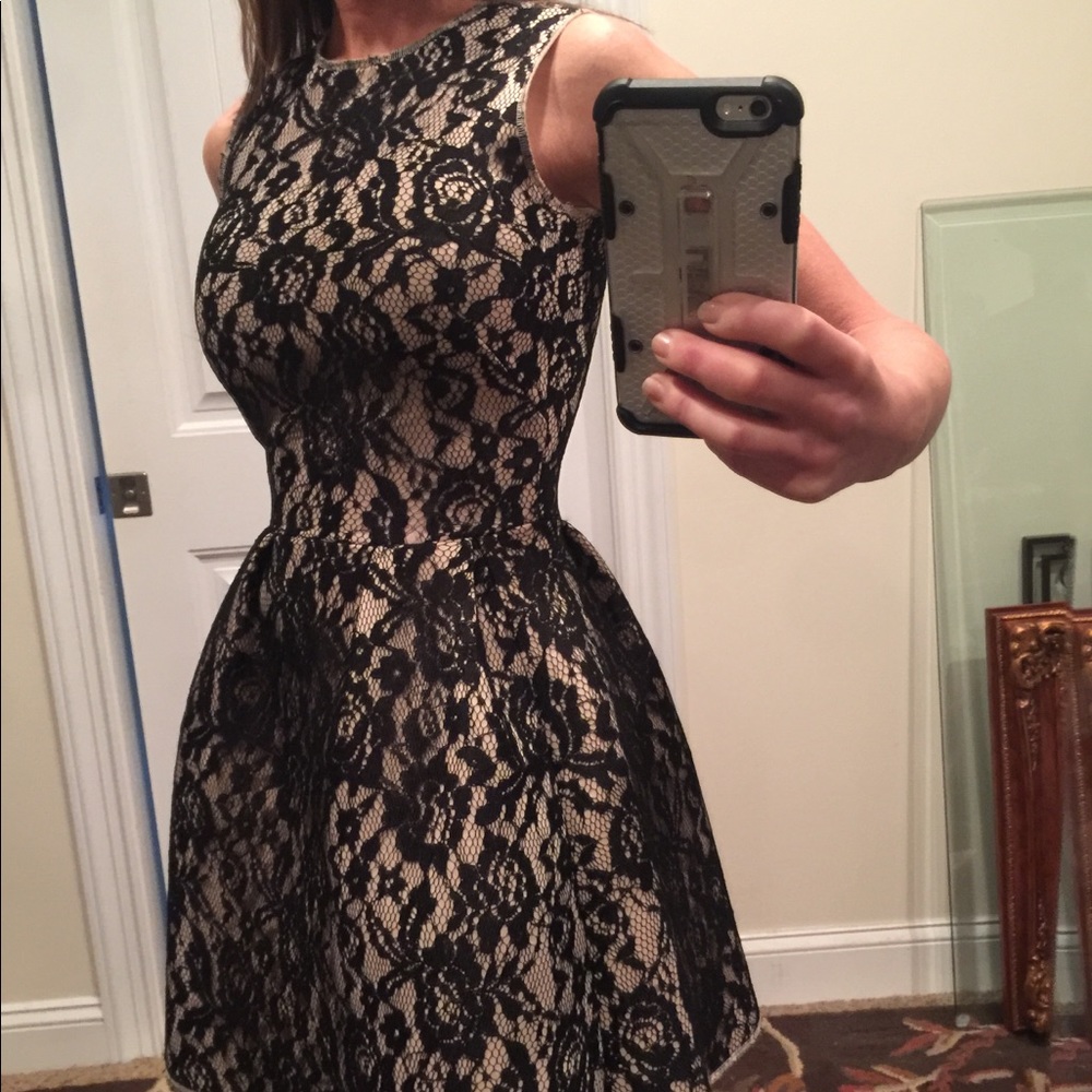 H&M Cream dress with black lace overlay. Sz 4.
